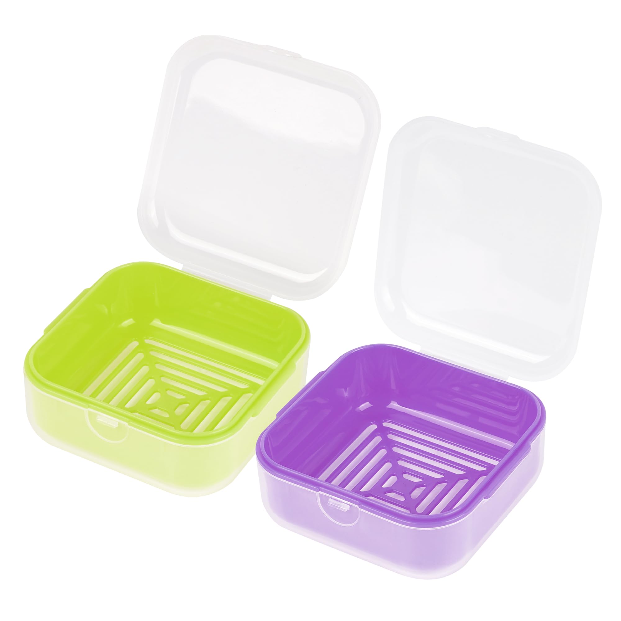 Adorila Soap-dishes 2 Pack, Small Travel Plastic Soap Case with Lid, Leak-Proof Soap Container, Square Green, Purple