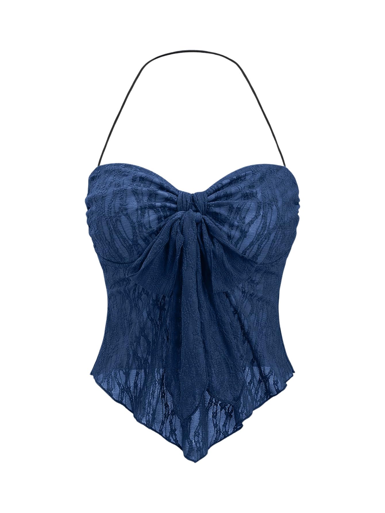 shenhe Women Asymmetric Floral Lace Halter Backless Bow Front Crop Top-picture-30