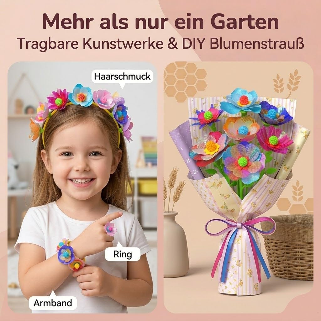 Blumenpresse Kinder mit doppelt so viel Zubehör, Geschenk Mädchen ab 4 5 6 Jahre, DIY Blumen Basteln für Haarreif Armband Ring,Blumenpresse Kinder