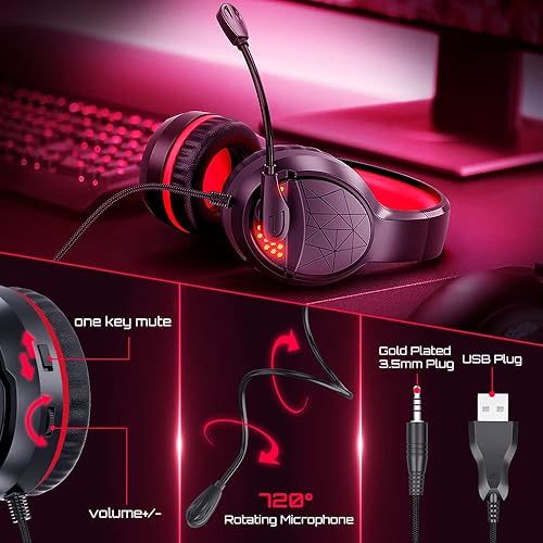 Miniatura 5 de BENGOO Auriculares para juegos para PS4, PS5, Xbox One, controlador de PC, aislamiento de ruido, auriculares con micrófono, luz LED roja, sonido