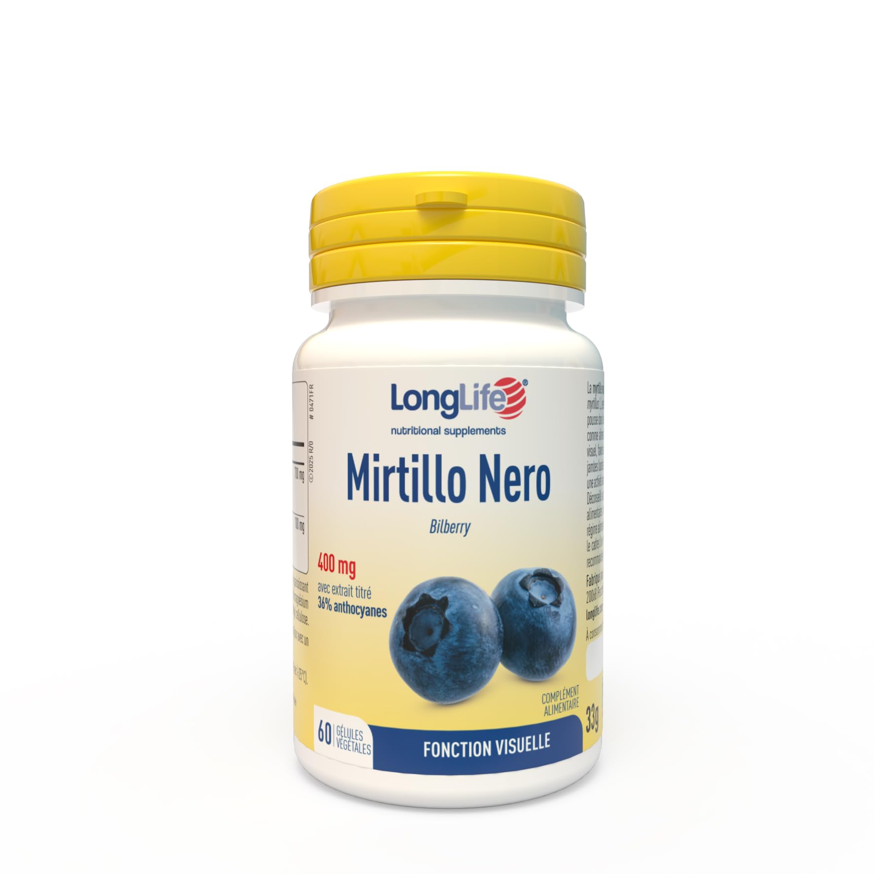 LongLife® Myrtille Noire | Extrait standardisé à 36 % en anthocyanosides (Mirtoselect®) | Minimum 800 mg | Bien-être visuel et microcirculation | Jusqu’à 1 mois de traitement | Végan et sans gluten