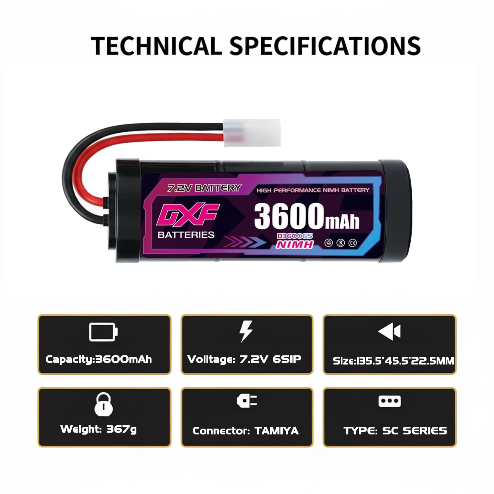 DXF Lot de 2 batteries NiMH 7,2 V 3600 mAh RC pour voitures télécommandées, avions, hélicoptères, bateaux, buggy, modélisme, voitures, avions, jouets