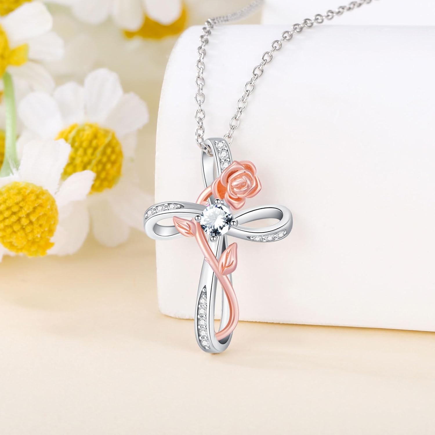 Diamond Cross Birthstone Necklace for Women Rose Cross Necklace with 12 Birthstone Two Tone Rose Cross Pendant Birthday Jewelry Gifts for Women Wife Her - Image 2