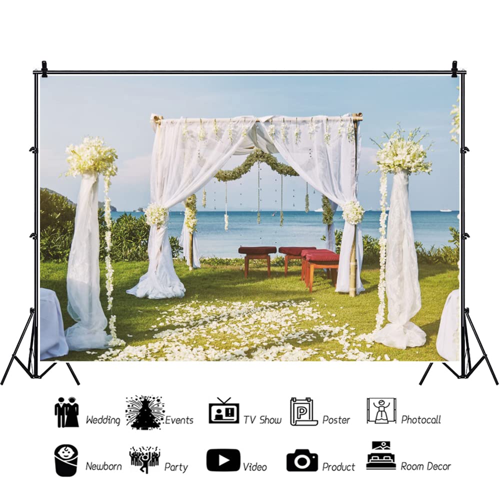 Bovlleetd 9x6ft Outdoor Wedding Background Flower Shed White Flowers Road Photography Background Blue Sea Lawn Photography Backdrop for Wedding Ceremony Decoration Banner - Image 2