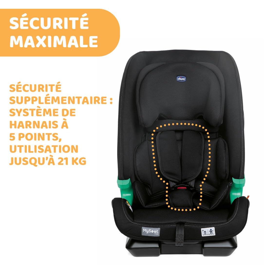 Chicco Fotelik samochodowy MySeat i-Size, łatwy montaż za pomocą złączy ISOFIX i Top Tether, odchylany, regulacja wysokości, zatwierdzony przez ECE R 129/03 (rozmiar I), 76-150 cm, od 15 miesięcy