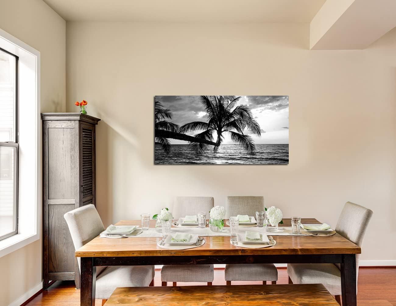 Black and White Palm Tree Canvas Wall Art -Black White Ocean Nature Print -Modern Nature Picture Painting Artwork Framed for Bathroom Living Room Office Wall Decor-20 x40 inch