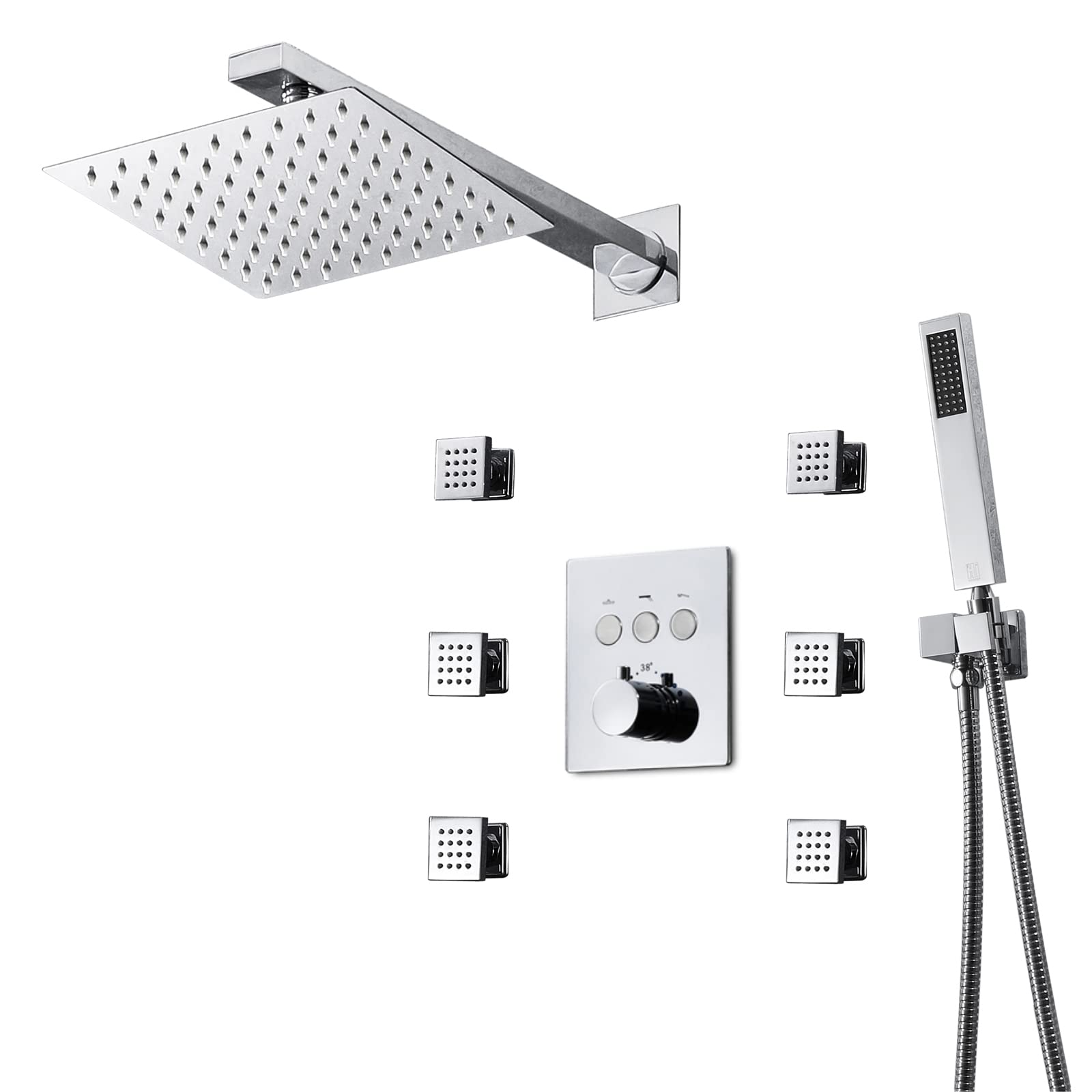 Chromowany system prysznicowy z deszczownicą i ręczną głowicą prysznicową, podtynkowa, wysokoprzepływowa bateria prysznicowa z deszczownicą, zestaw combo, montaż sufitowy