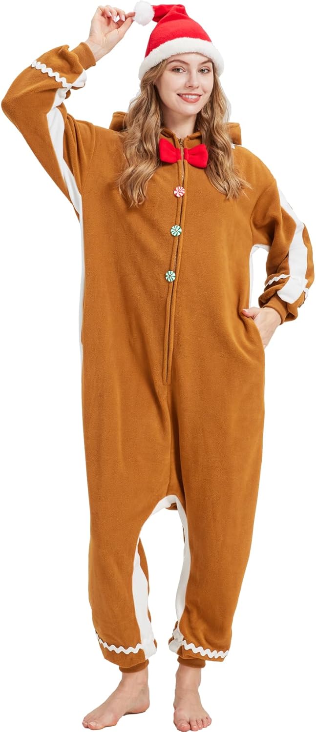 Adult Gingerbread Man Onesie Christmas Costume, Cozy Holiday Pajamas with Santa Hat for Women and Men - Image 3