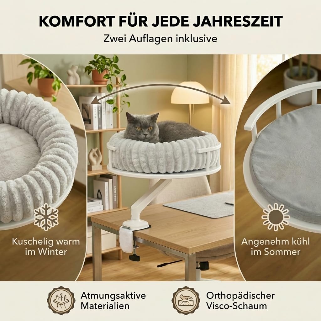 Katzenbett LEVI | Katzenbett Schreibtisch | Katzenplattform | Für Tische und Fenstersims | Inkl. 2 Betten | Cord-Design Grau | Robust und modern (Weiß)
