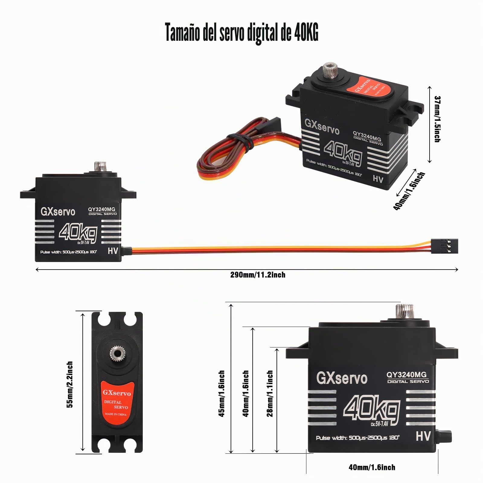 RC 40KG Motor Servo Binghe 2 Piezas 40KG Digital Servomotor Metal Servo Digital de Par Grande con Engranaje de Metal Servomotor para 1/8 1/10 RC Car Helicóptero Robot Compatible con Arduino