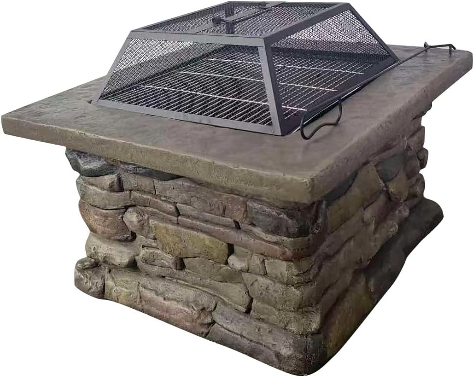 The Cold Remedy Wood-Powered Outdoor Fire Pit Table with Cultured Stone, Iron Insert, Firewood Rack, Spark Screen & Poker