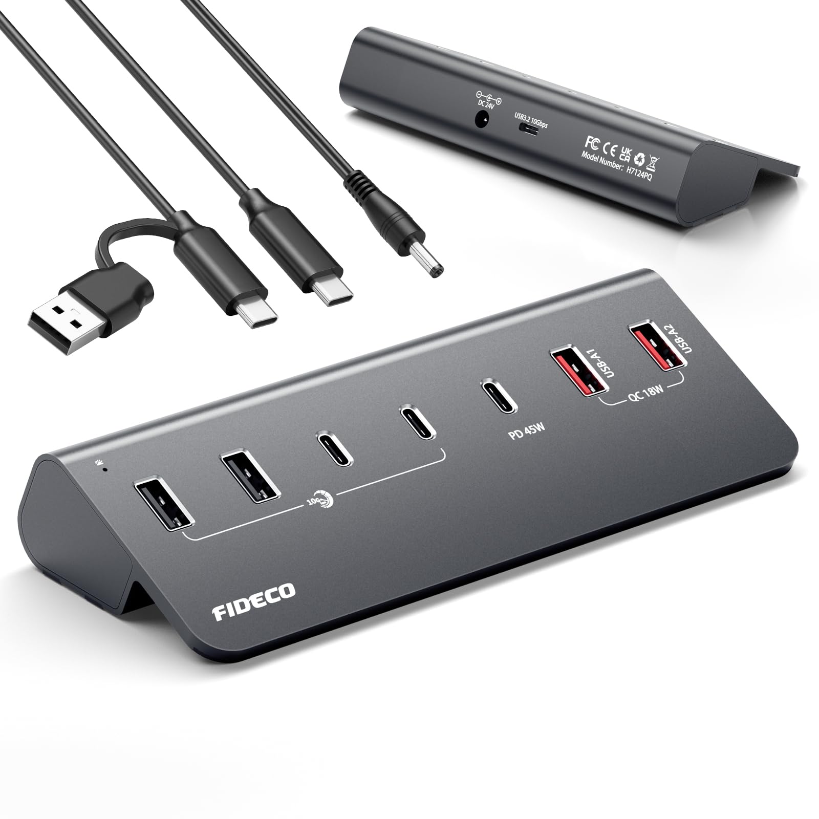 Hub USB alimentato a 7 porte da 72 W, hub USB C con 1 PD 45W, 2 porte di ricarica QC 3.0 e 4 porte USB 3.2 (2 USB-A + 2 USB-C), hub USB in alluminio da 10 Gbps per laptop, PC, MacBook, iPhone 17/16/15