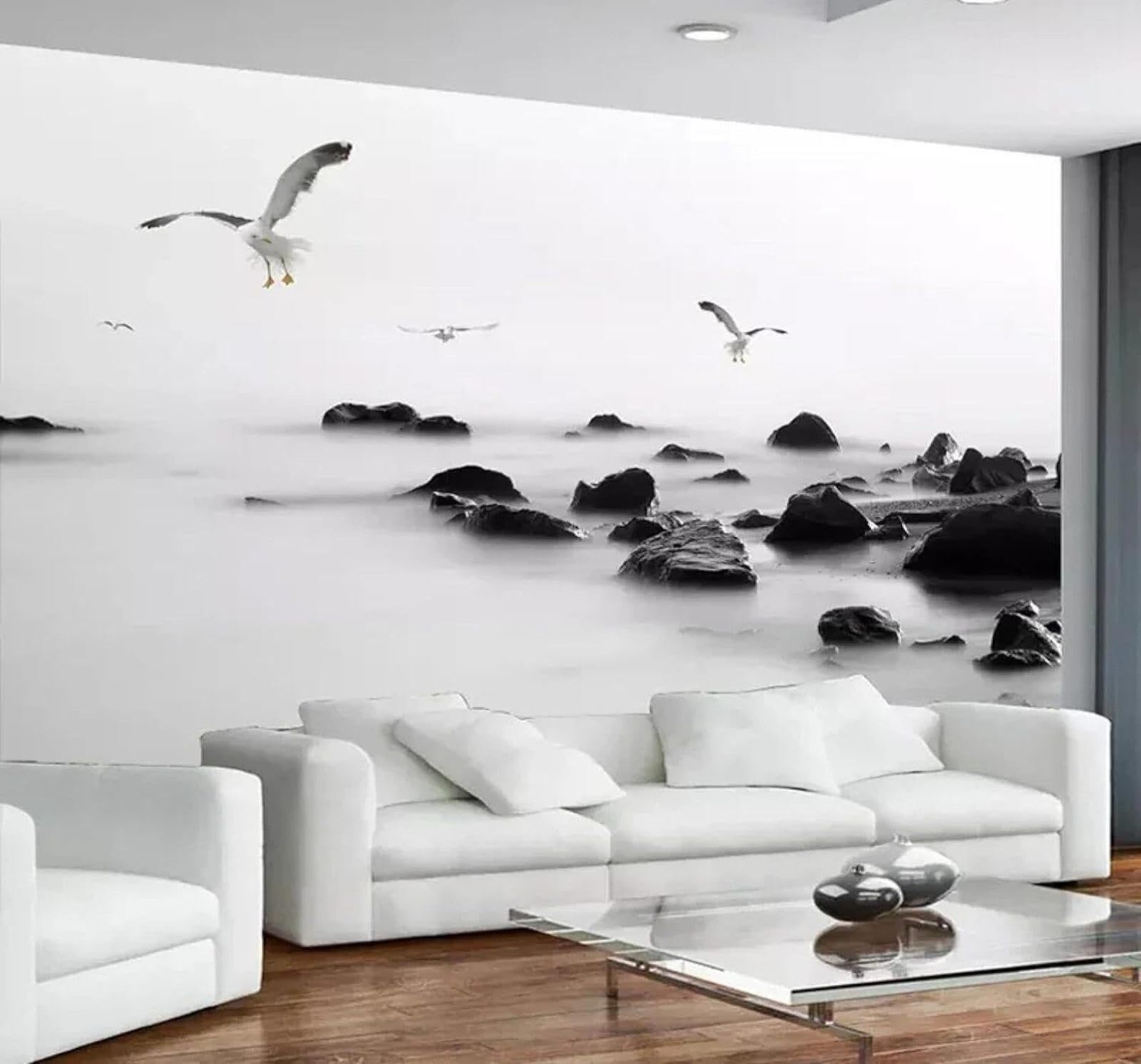 XLMING Three Dimensional Black and White Ocean Birds in Flight Rocks 3D Wallpaper Silky Texture Home Study Office Grey Dining Room Sofa Bedroom Living Room TV Backdrop-250cm×170cm