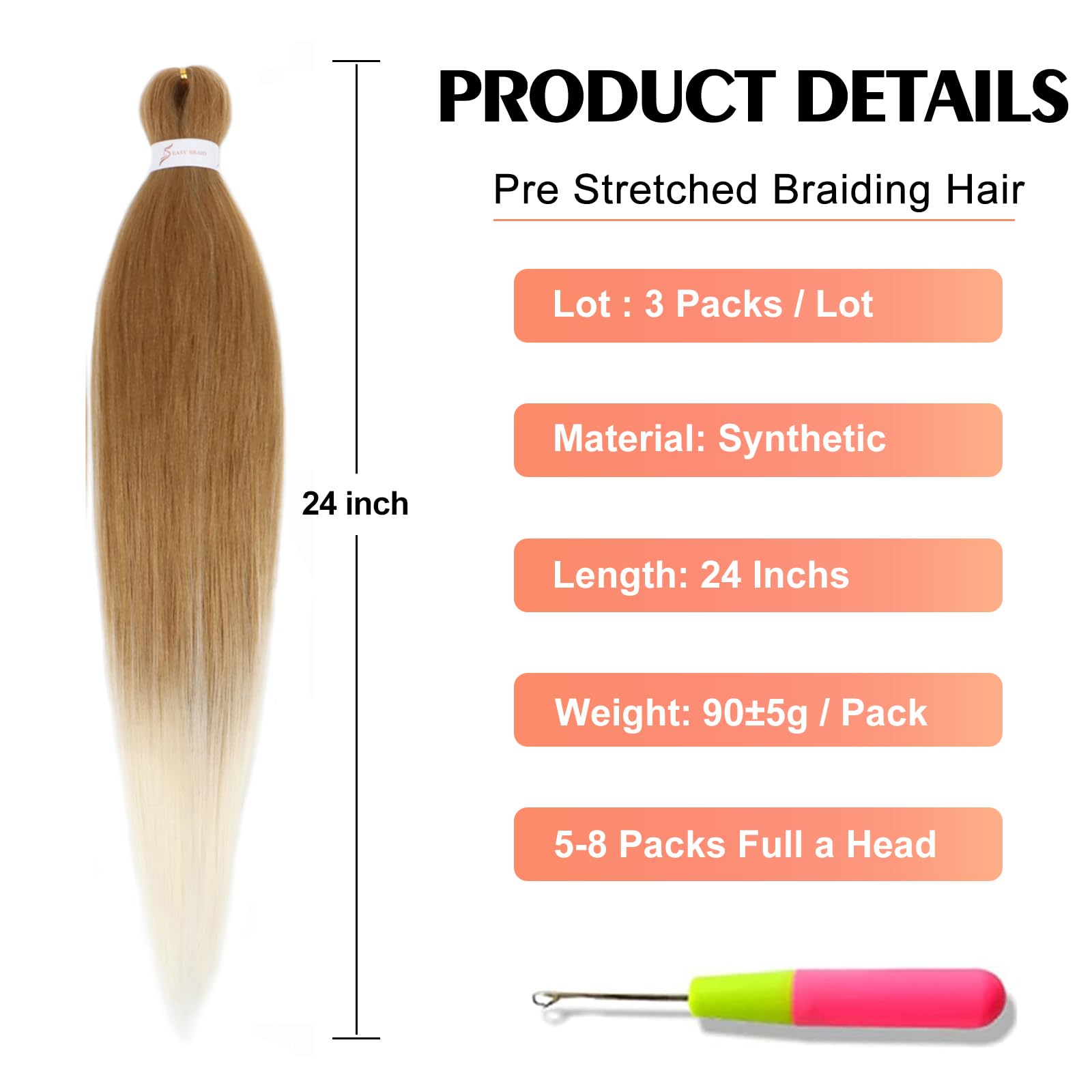 Pelo trenzado preestirado de 24 pulgadas, 3 paquetes, cabello estirado para extensiones de cabello trenzado profesional, ajuste de agua caliente, cabello sintético con textura Yaki (27/613#)