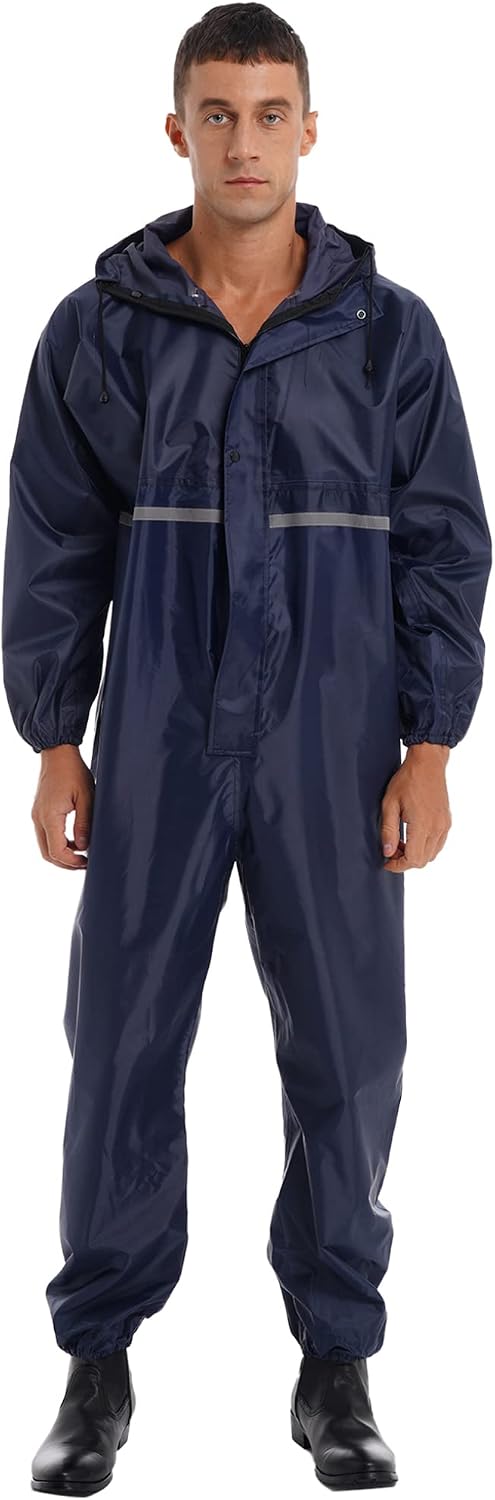 JanJean Unisex Men One Piece Hooded Waterproof Coveralls Reflective Rain Suit Raincoat Jumpsuit Romper
