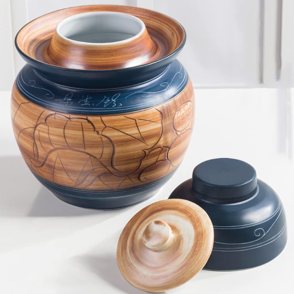Traditional Chinese Porcelain Pickle Jar, Thickened Ceramic Fermentation Crock Pickling Pot,Fermenting Jar with Water Seal Airlock Lid Stoneware Fermenter for Kimchi 5KG Jar