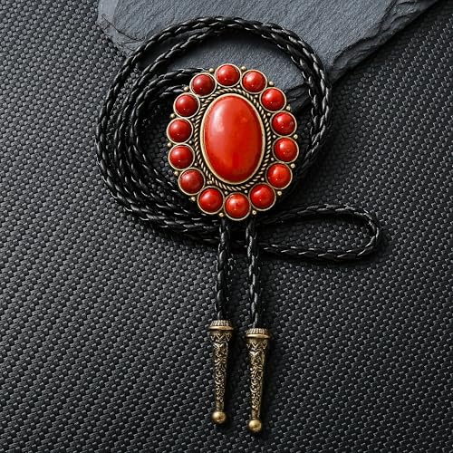 Image of GelConnie Bolo Tie for Men Women Western Cowboy Turquoise Leather Necktie | Natural Stone Bolo Tie Necklace for Women Rodeo Cowboy Leather Necktie Native American Western Cowgirl Ties Adjustable Cord