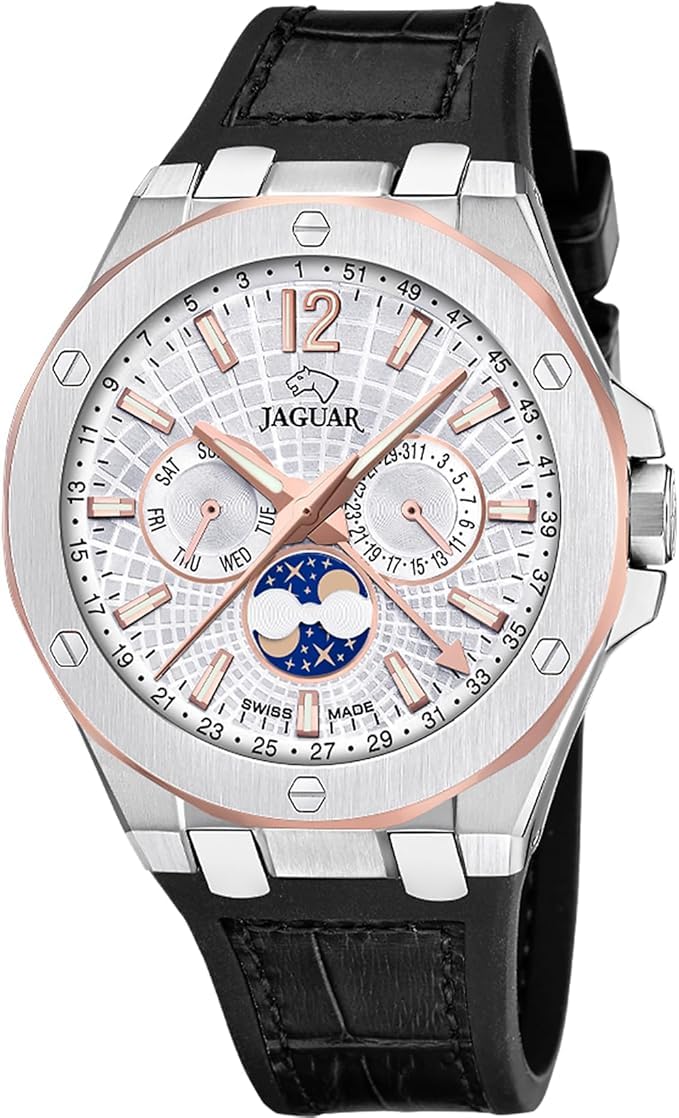 JAGUAR Swiss Made Reloj Analógico Hombre con Fase Lunar de Cuero Negro - Movimiento de Cuarzo - Cristal Zafiro de Alta Resistencia - Resistente al Agua 10 ATM Elegante J1040/​1 Diplomatic