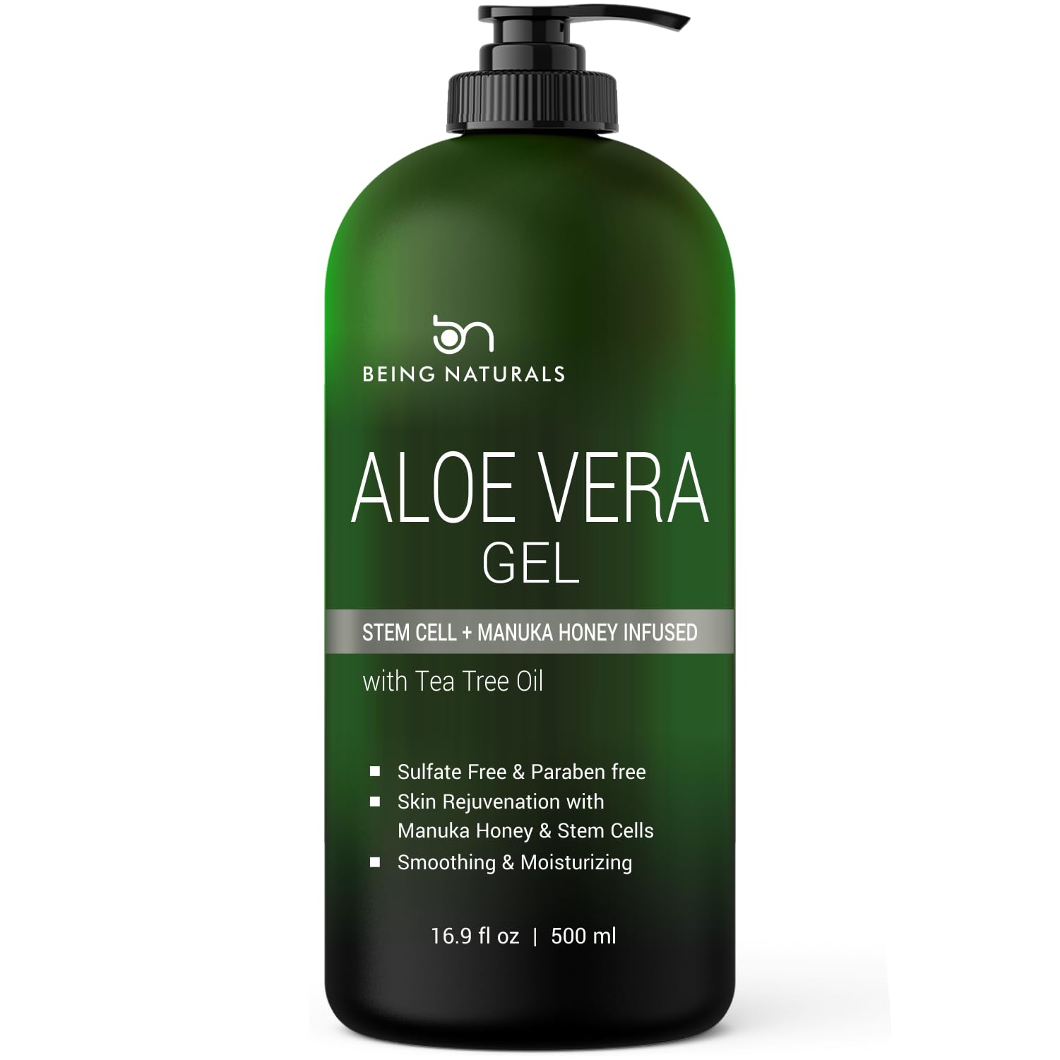 Being Naturals Aloe vera Gel - from 100% Pure Organic Aloe Infused with Manuka Honey, Stem Cell, Tea Tree Oil - Raw Moisturiser for Face, Body, Hair. Perfect for Sunburn, Acne, Razor Bumps 500ml