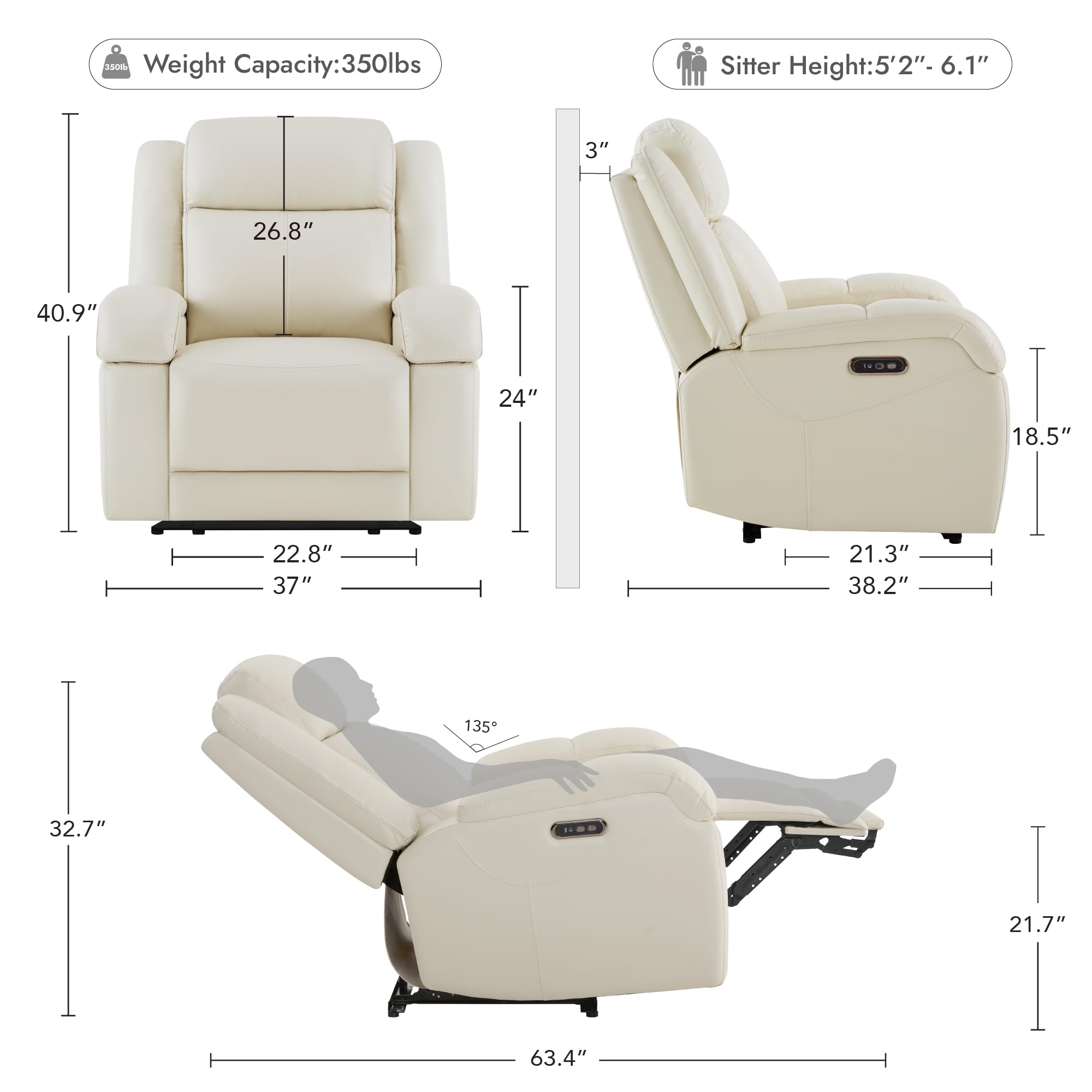 Watson & Whitely Sillas reclinables eléctricas de piel auténtica para adultos, reclinables de pared con reposacabezas eléctrico y puertos de carga, sofá reclinable eléctrico para sala de estar, color