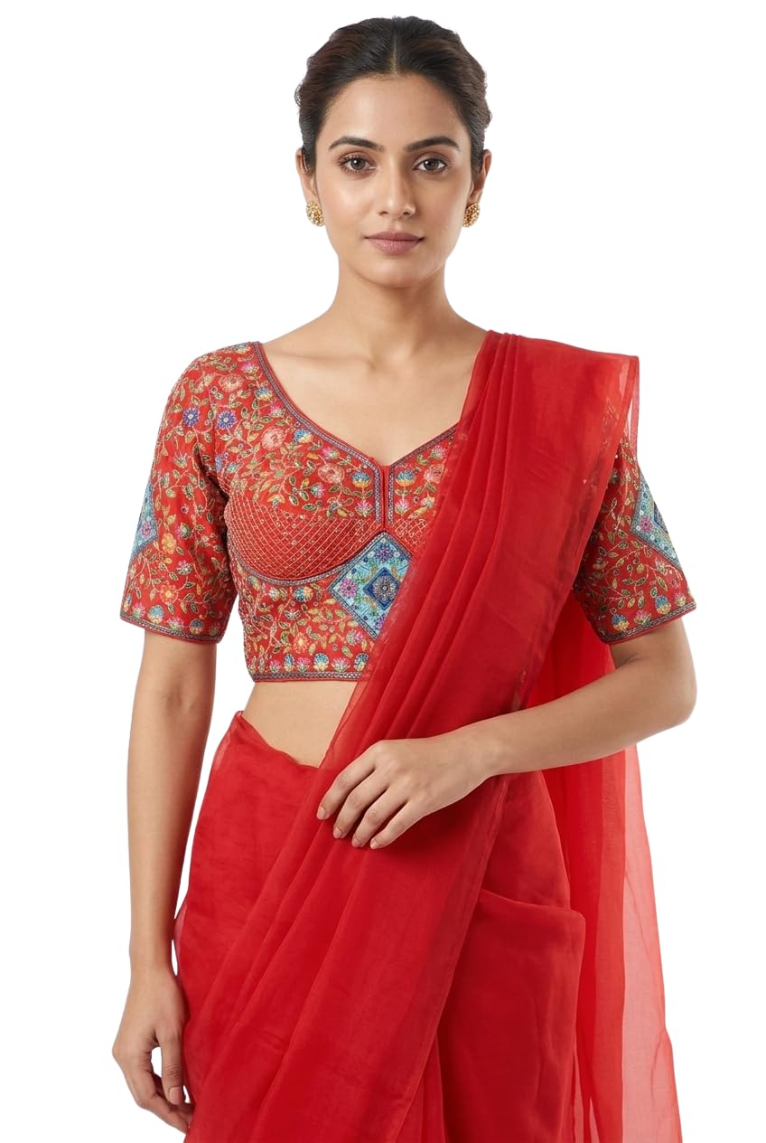 vastrazone Women's Blouse | Position Print Designer Blouse | Embroidered & Sequins Work | V-Neck | Elbow Sleeve | Alterable Size 38 (Fits 36-40) | Traditional Ethnic Wear-picture-40