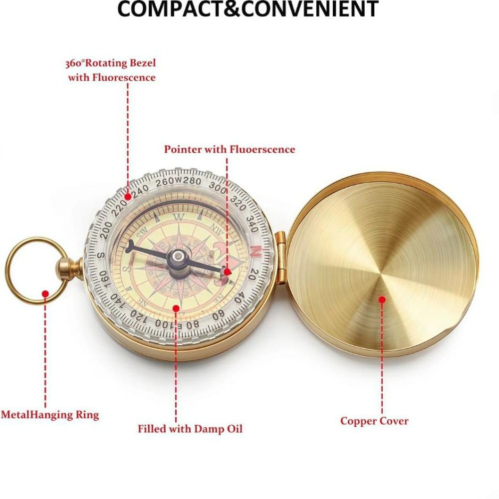 Brújula para navegación, reloj de bolsillo luminoso portátil, ideal para deportes al aire libre, camping, senderismo, viajes, buscador de dirección preciso, construcción de latón duradero