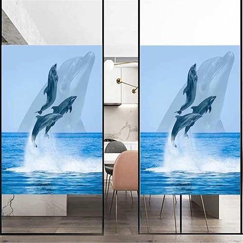 Miniatura 2 de Xijier Película de privacidad sin pegamento para ventana, diseño de delfín, decoración de vidrio esmerilado, para cubrir ventanas, calcomanías para