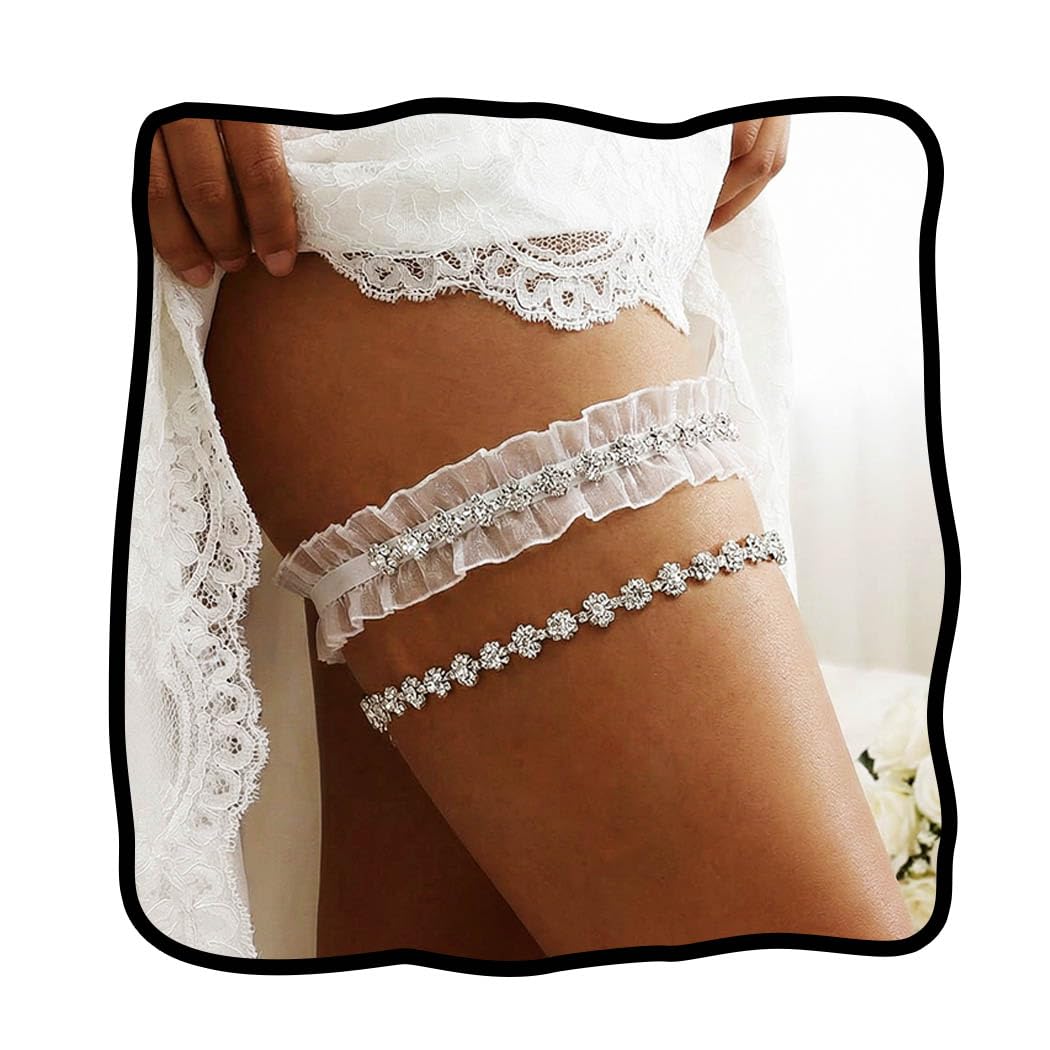 Bride Wedding Garter White Lace Garter Crystal Garters Rhinestone Stretch Leg Garter Set Bridal Accessories for Women, 2-white, One Size-image-29
