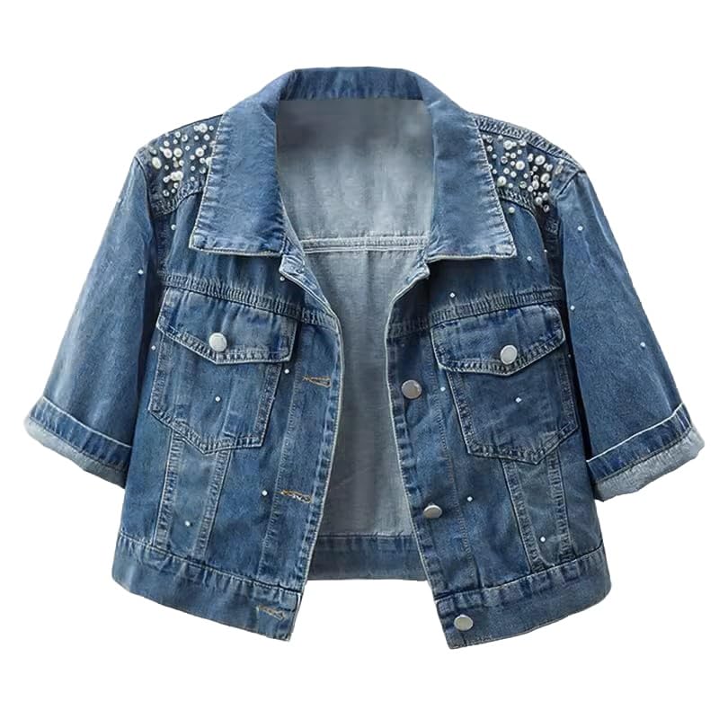 LifeShe Women's Pearls Denim Jacket 3/4 Sleeve Cropped Rhinestones Jean Jackets Trucker Coat