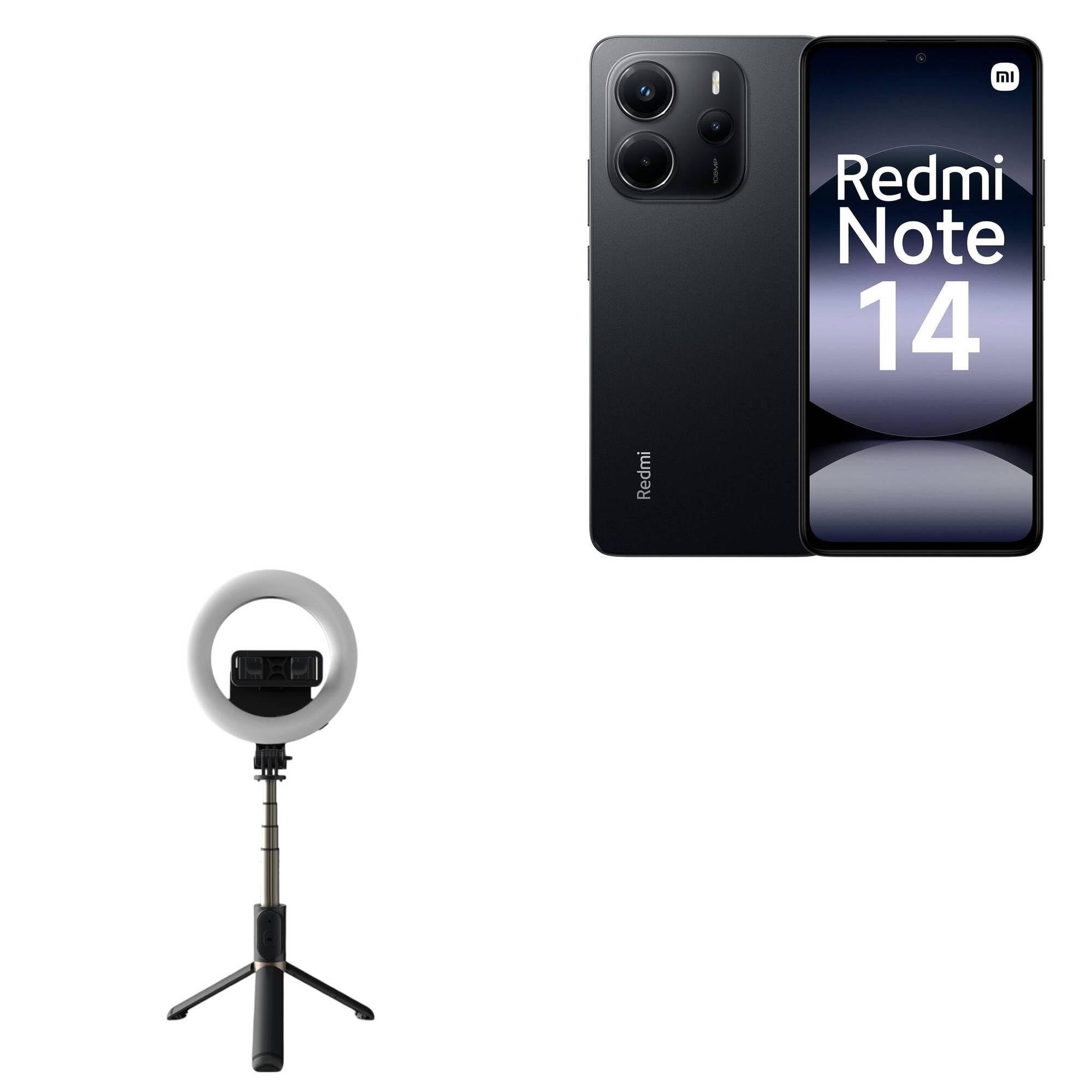 BoxWave Stand and Mount Compatible with Xiaomi Redmi Note 14 4G - RingLight SelfiePod, Selfie Stick Extendable Arm with Ring Light - Jet Black
