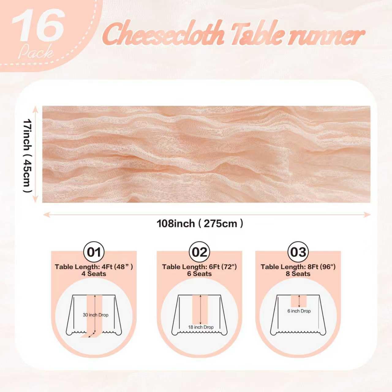Cheesecloth Table Runner 17x108 Inch Semi Sheer Boho Fabric for Wedding Baby Shower Birthday Party Home Table Decor (Dusty Pink, 16 Pack - 17 x 108 inches)