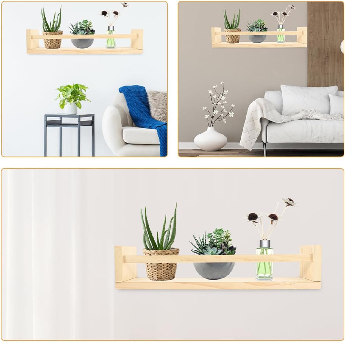 2pcs Rustic Wooden Wall Floating Shelves for Bedroom and Kitchen, Nordic Style Wall Mounted Storage Holder, Cosmetics and Spice Organizer for Home Décor