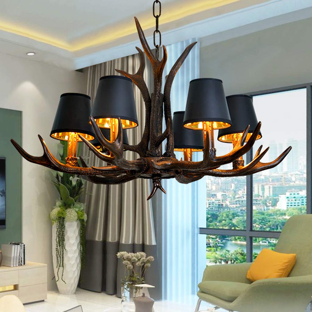 Vintage Pendelleuchte Esstischlamp American Ländliche Kronleuchter E14 Resin Geweihe Hängeleuchte Schwarzer Lampenschirm Hängelampe Retro Leuchte Bar Wohnzimmer Cafe Esszimmer Deckenlampe ,6 heads