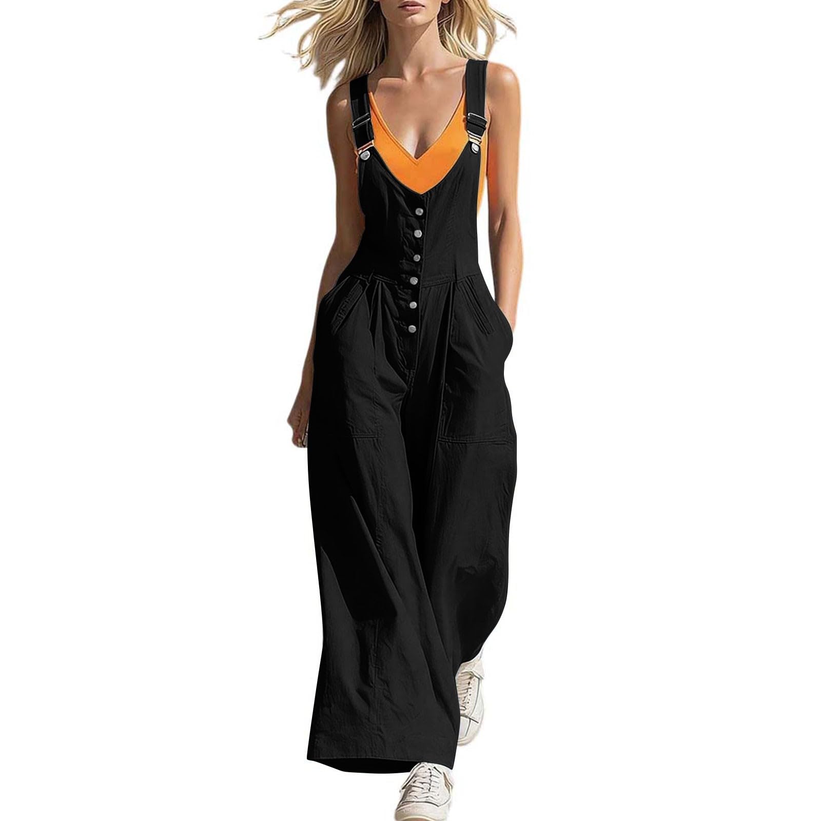 Generisch Salopette da donna lunga a gamba larga, tuta sexy con scollo a V, tuta estiva sciancrata, bretelle regolabili, oversize, salopette larghe, tinta unita, casual