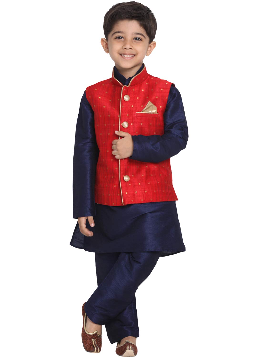 Jbn Creation Boys' Maroon And Navy Blue Silk Blend Kurta, Ethnic Jacket And Pyjama Set (Vasbj009Manbknb001Npnb, For 6-7 Years)