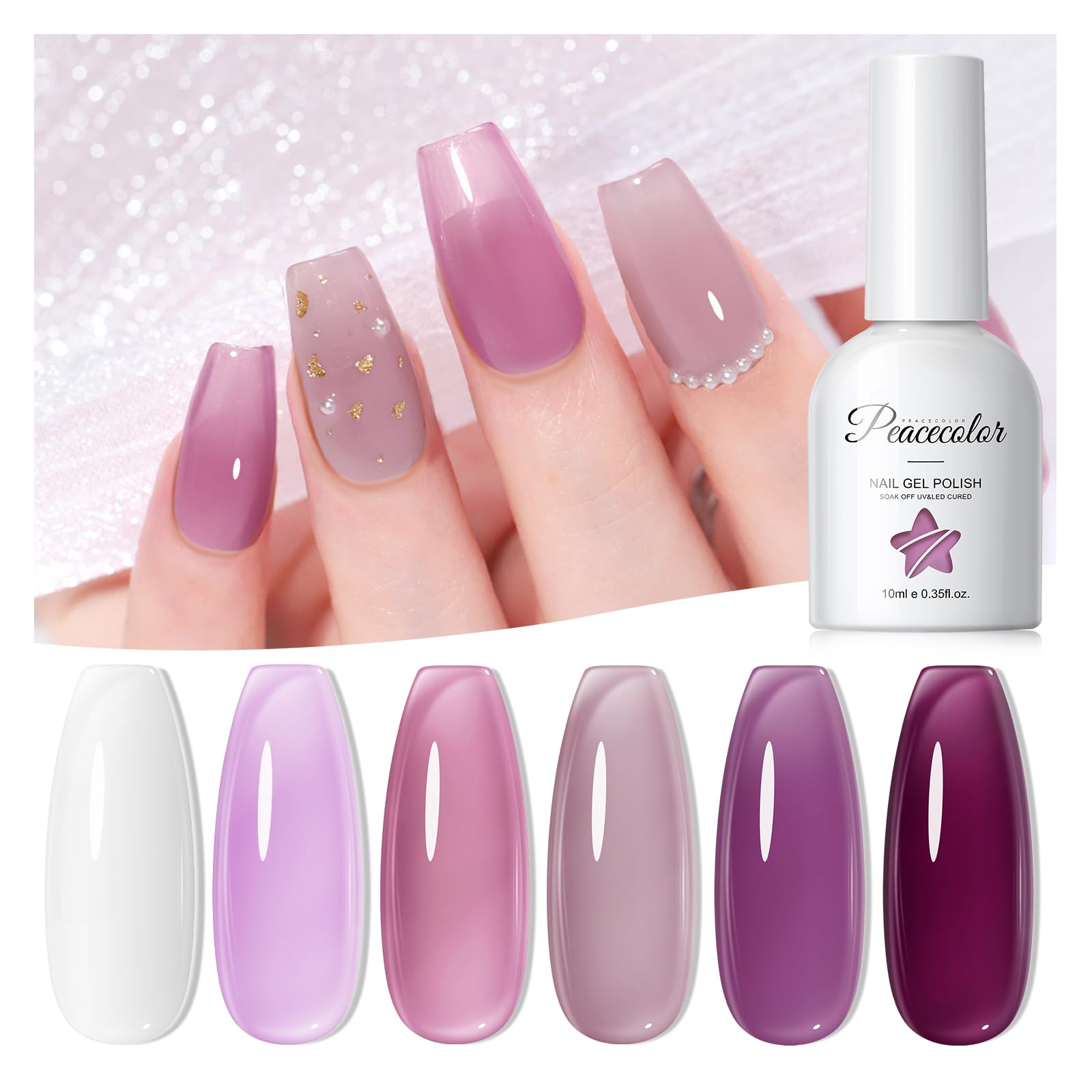 PEACECOLOR 6 * 10ML UV Nagellack Jelly Lila Gel Nagellack, Jelly Nail Polish Transparent Soak off UV/LED Maniküre DIY zu Hause