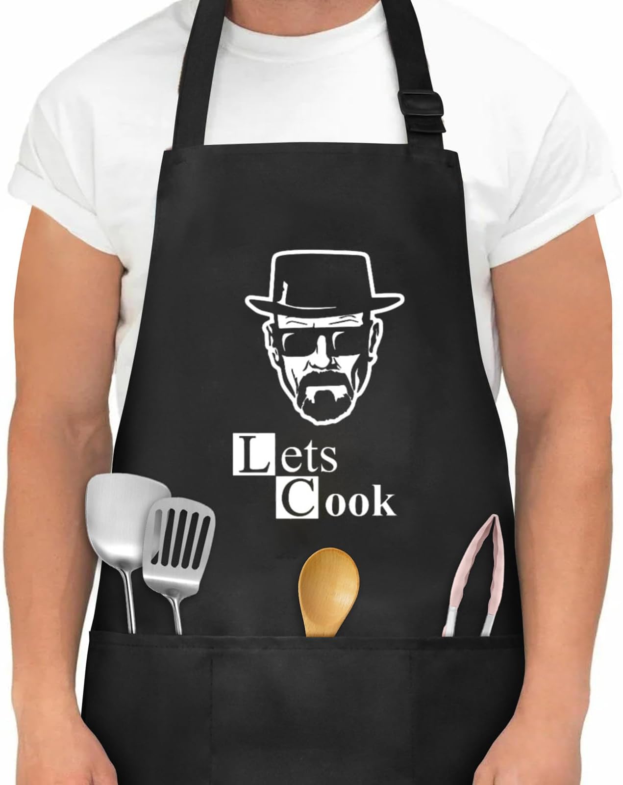 Aomig Kitchen Apron Couple Chef Aprons, Kitchen Adjustable Bib Apron with 3 Pockets, Waterproof, Unisex, Black