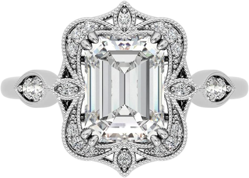 Antique Vintage Style Halo Emerald Cut Moissanite Engagement Ring Set for Women Bridal Wedding Ring Handmade Anniversary Promise