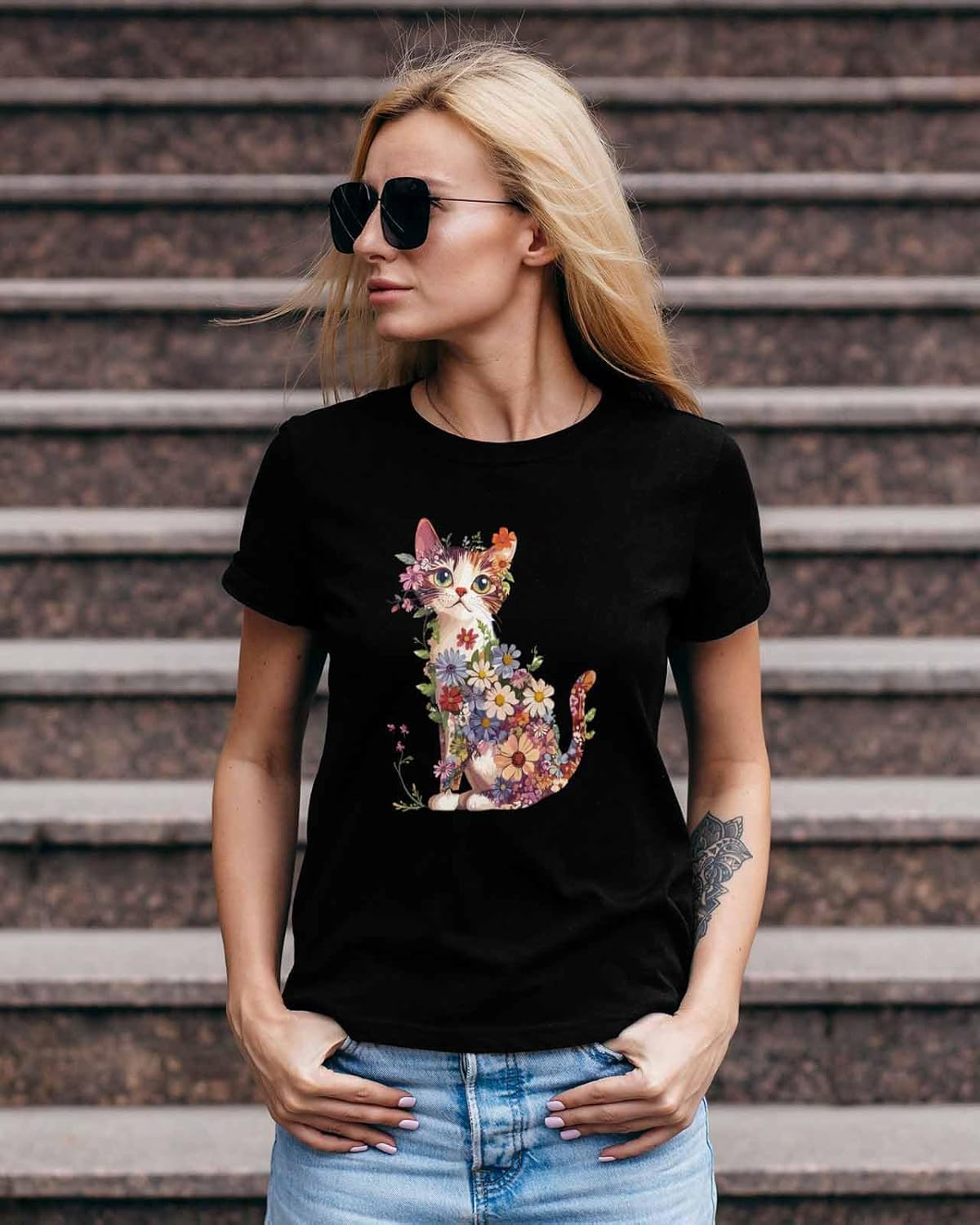 Graphic T Shirts for Women, Abstract Cat Wildflowers Cotton Tees Short Sleeve Crewneck Summer Gym Casual Tops - Image 8