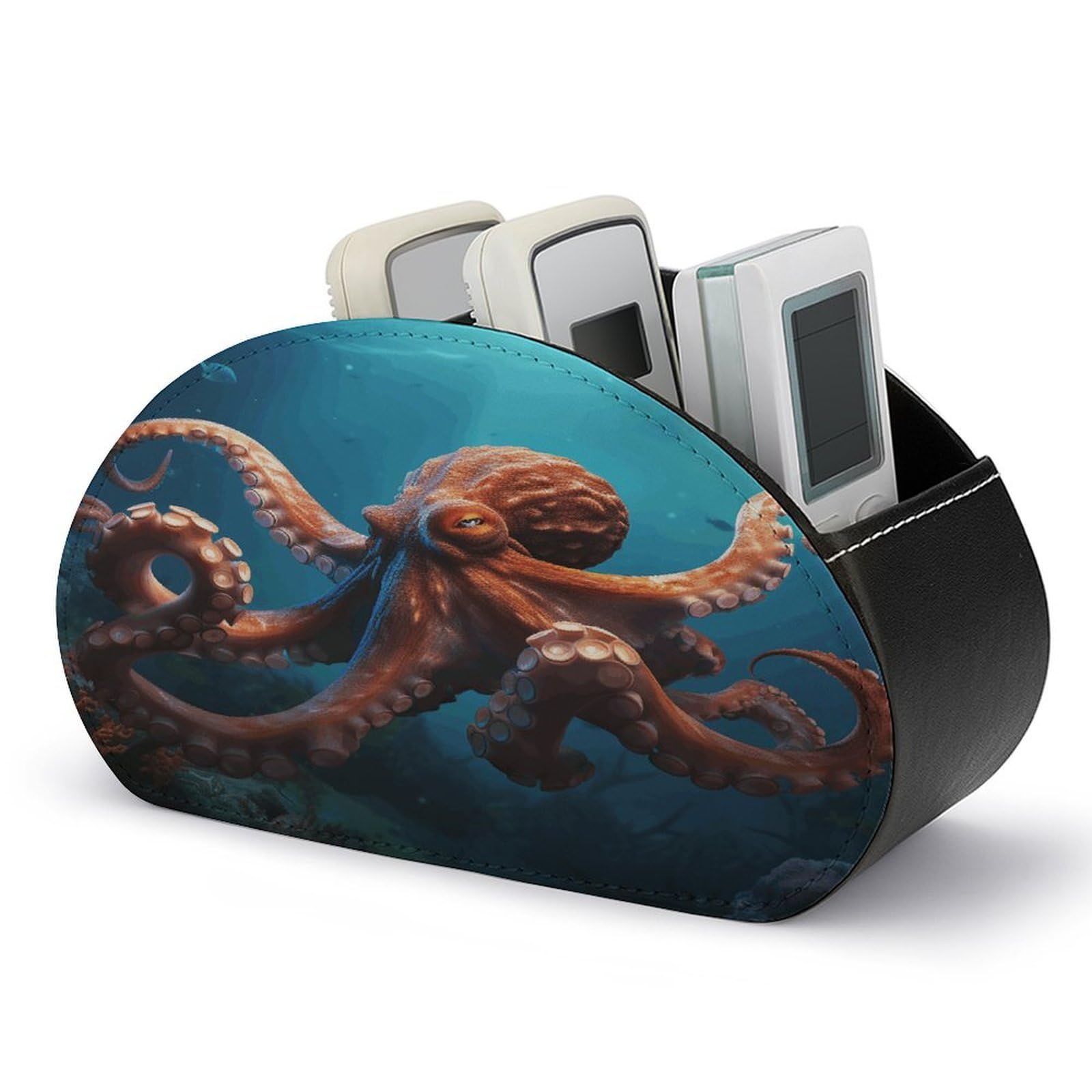VstaDank Ocean Animal Octopus Remote Control Holder with 5 Compartments Pu Leather TV Remote Caddy Storage Box Desktop Organizer Store Controller DVD Brush Pens Glasses&Office Supplies