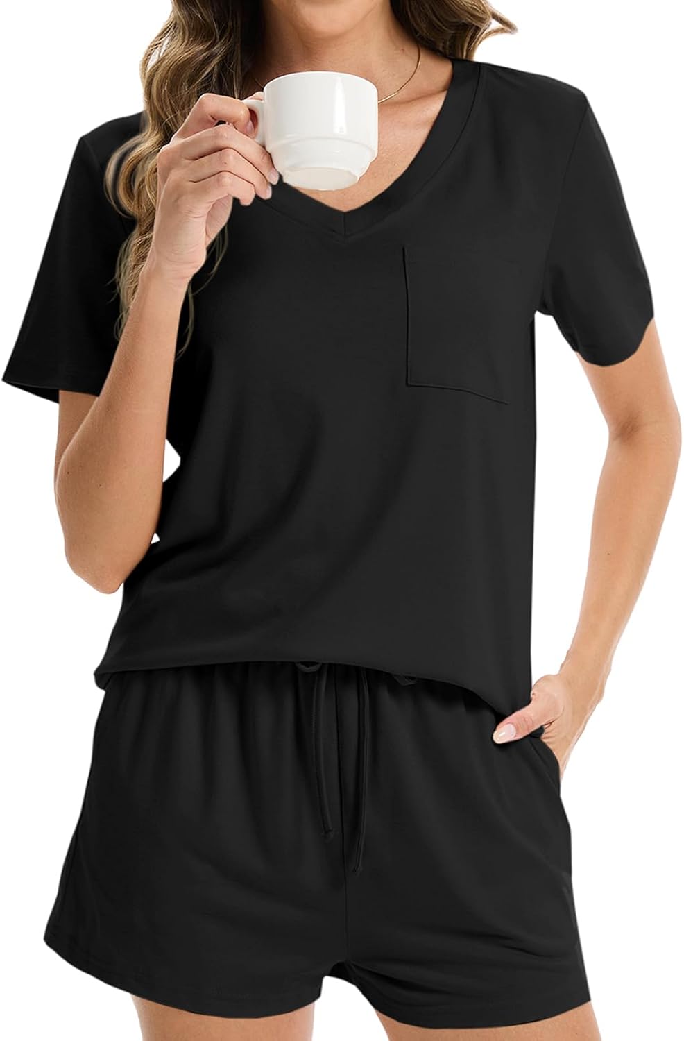 Women's 2 Piece V Neck Pajamas Sets with Pockets Lightweight Lounge Casual Sleepwear Tshirt Shorts - Image 2