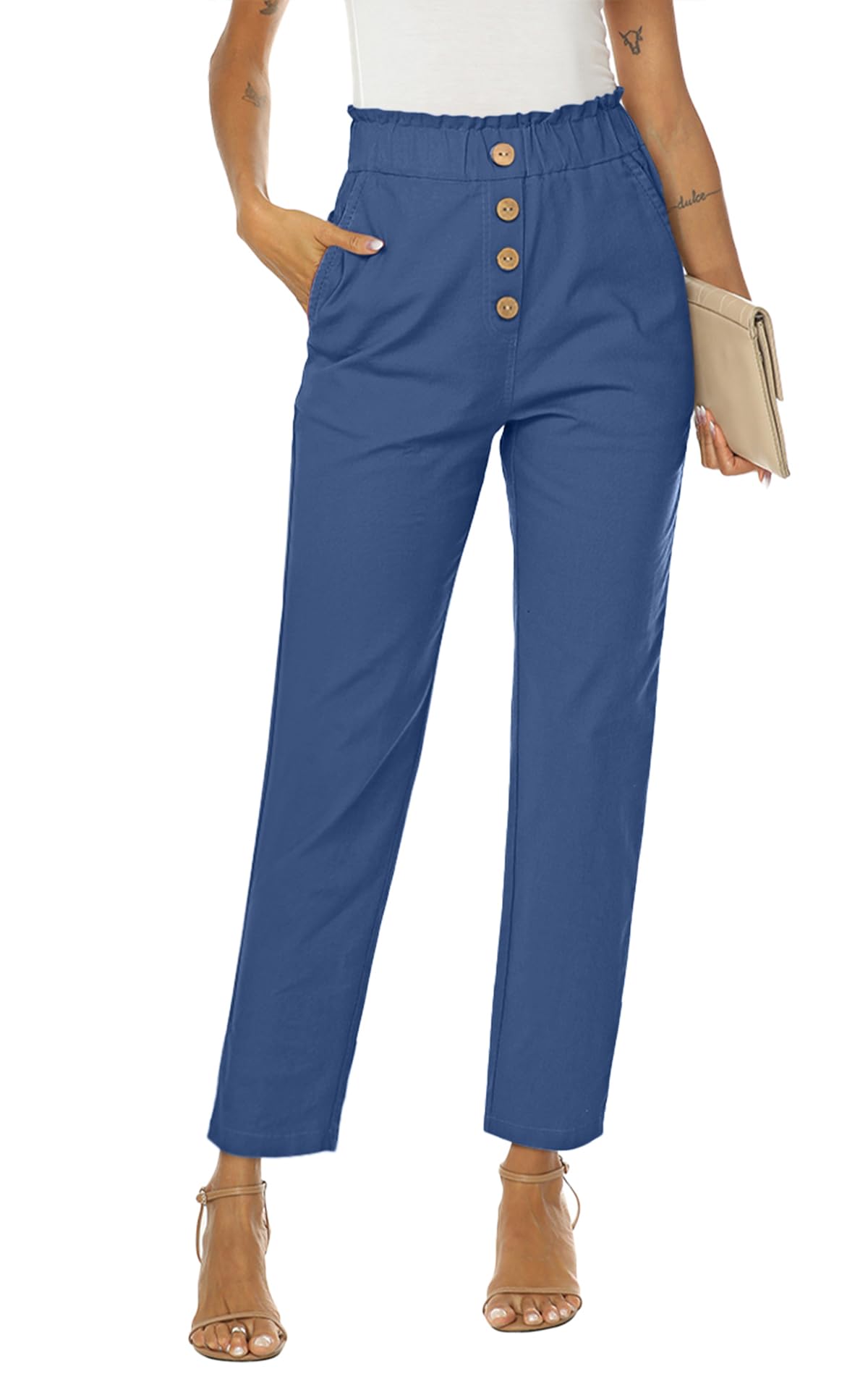 NIMIN Womens Casual Pants High Waisted Work Pants Elastic Cropped Dress Paper Bag Pants with Pockets