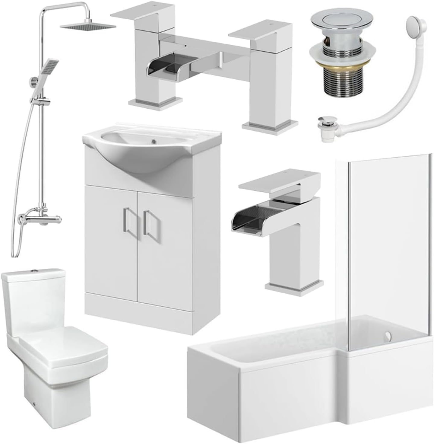 Complete Bathroom Suite Right Hand L Shaped Shower Bath 550mm Basin Vanity Unit 2 Door Close Coupled Toilet Shower Tap Set