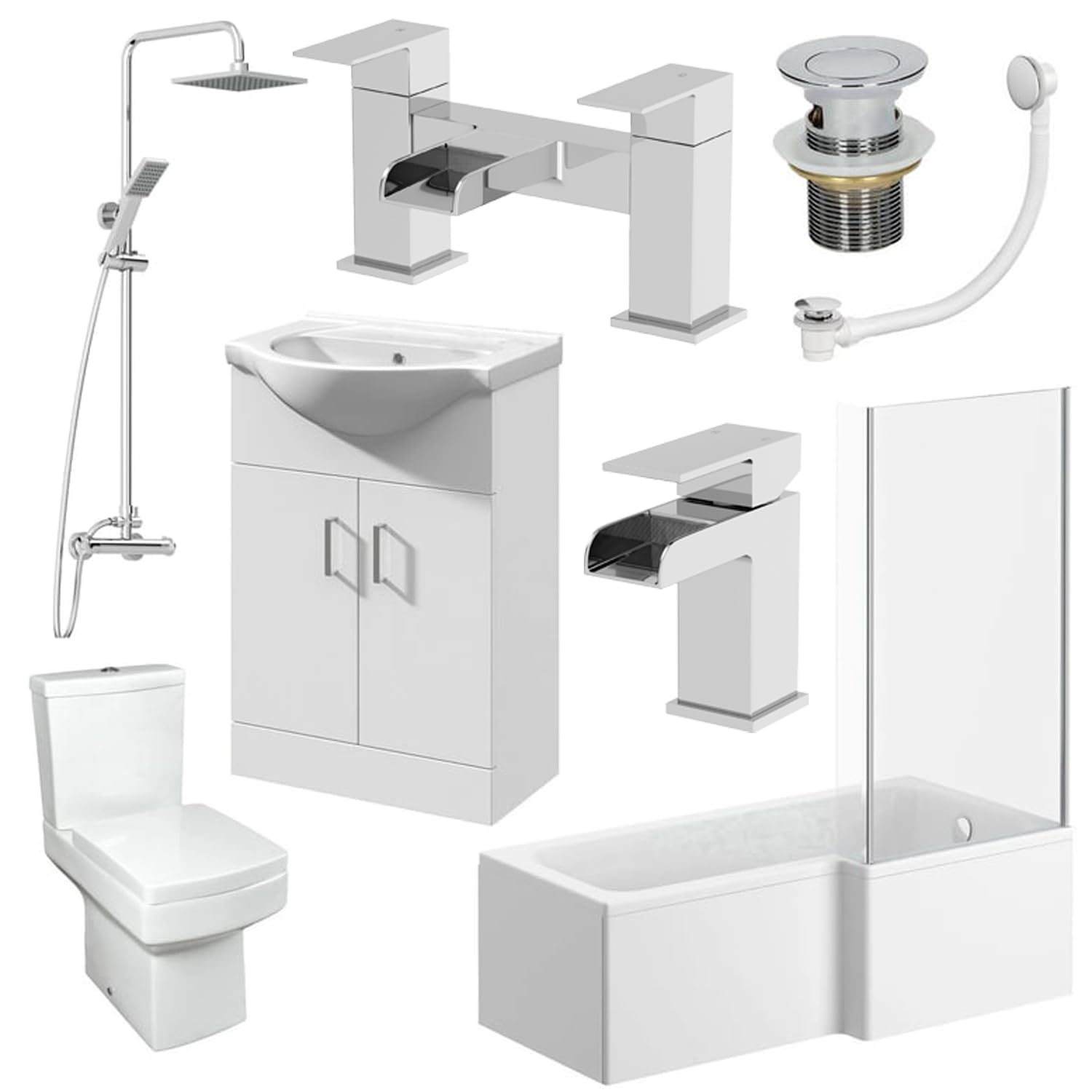 Complete Bathroom Suite Right Hand L Shaped Shower Bath 550mm Basin Vanity Unit 2 Door Close Coupled Toilet Shower Tap Set