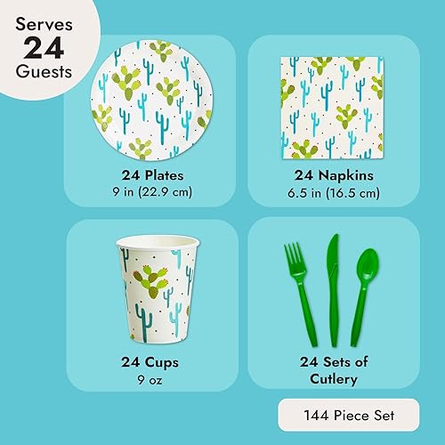 Miniatura 4 de Juvale Kit de platos y servilletas de cumpleaños de cactus, 144 piezas, estilo cactus blanco, juego de tazas y cubiertos para decoraciones de