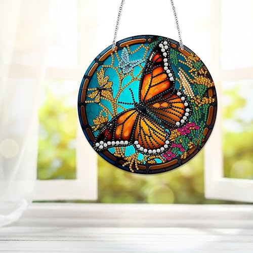 Miniatura 8 de LUSandy Kit de pintura de diamante de libélula 5D para bricolaje, letrero de arte de pared, libélula de diamante, atrapasoles, adorno colgante de