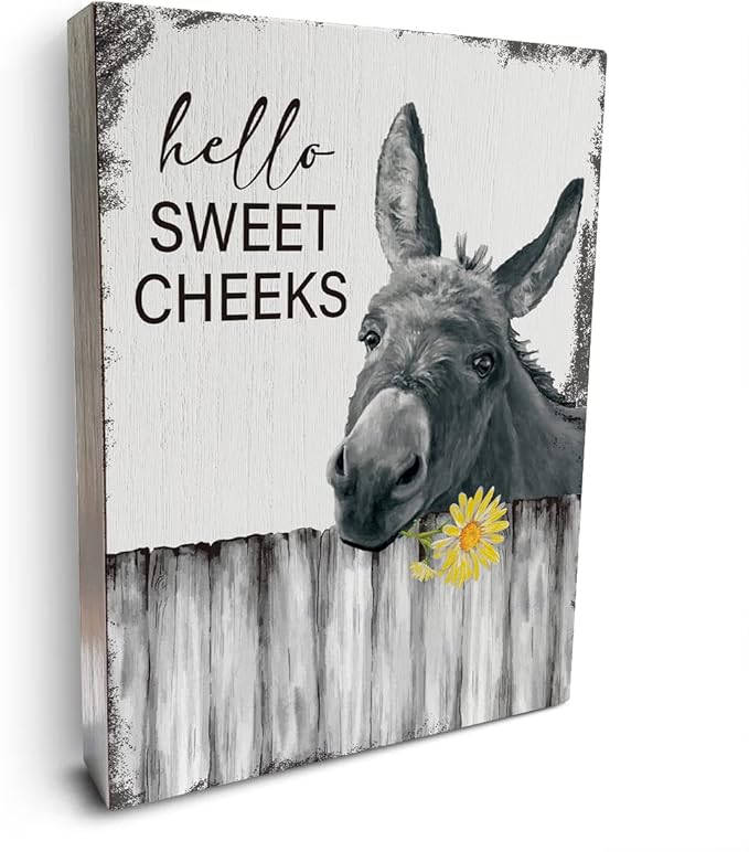 Rustic Hello Sweet Cheeks Box Sign Wooden Donkey Bathroom