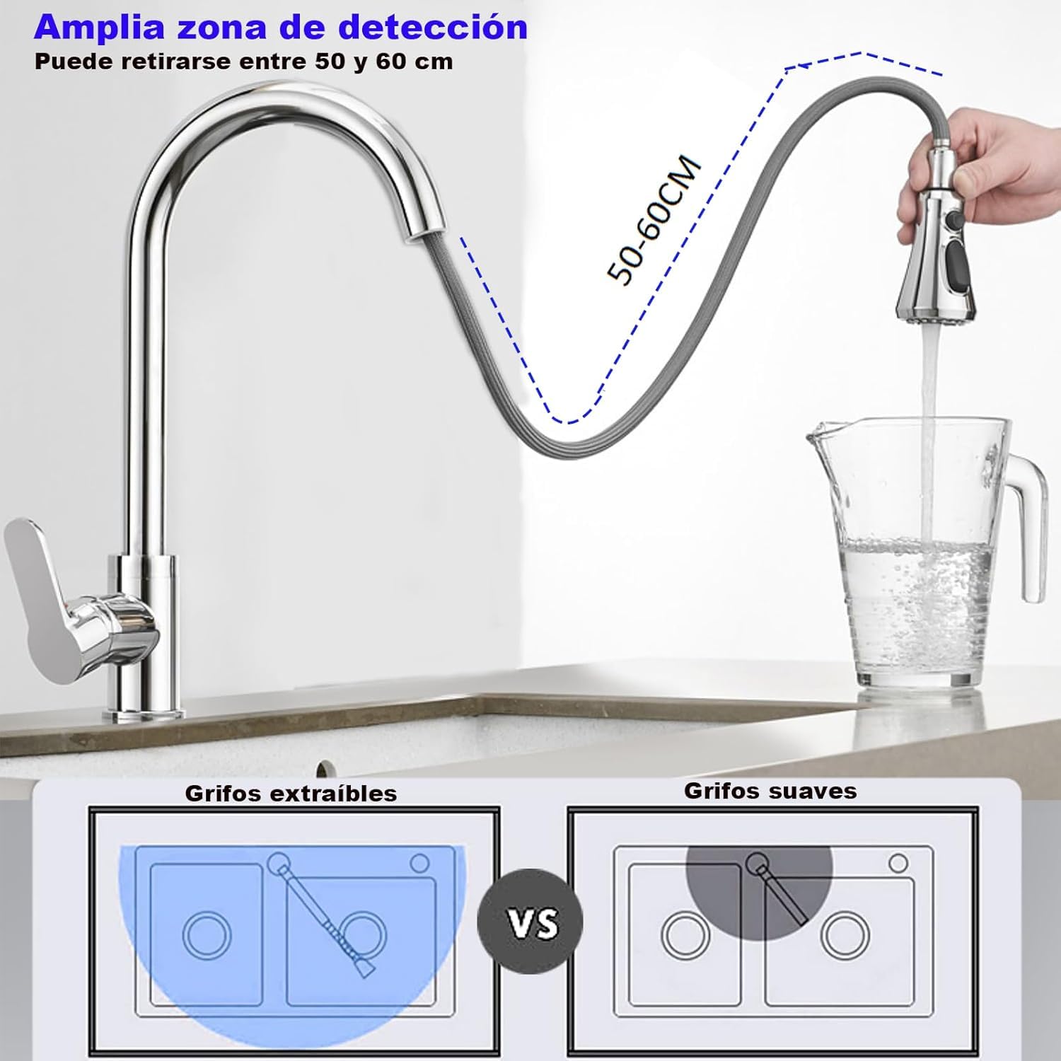 Grifo de cocina extraíble y retráctil, grifo de cocina giratorio 360°, grifo mezclador de cocina de acero inoxidable con 3 funciones, grifo mezclador de alta presión para fregadero de cocina