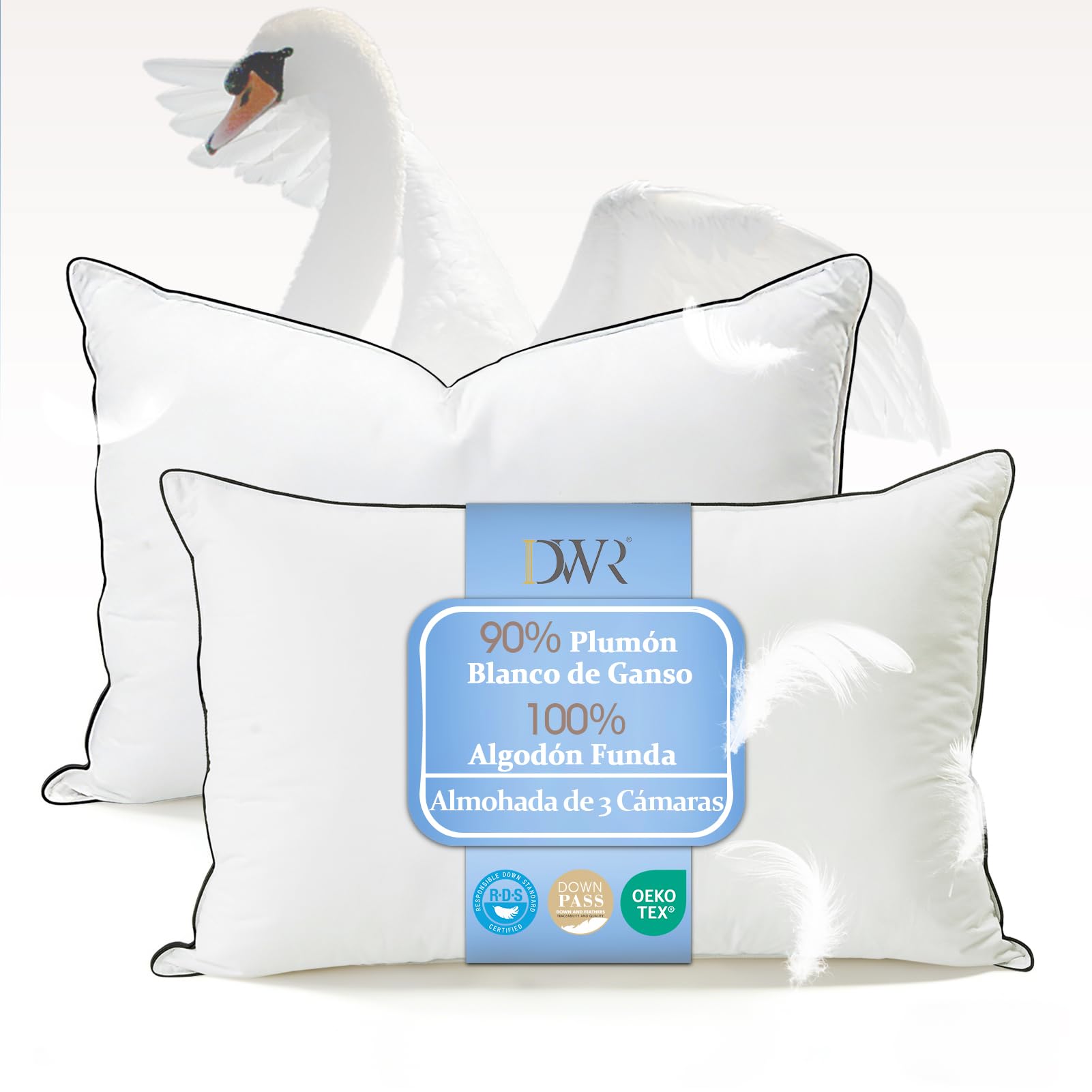 DWR Almohada de Plumón 50x75 cm (2 Unidades) | 3 Cámaras | 90% Plumón de Ganso Blanco Exterior | Mezcla de Plumas Interior | 100% Algodón Orgánico | Soporte Medio | RDS y Oeko-Tex