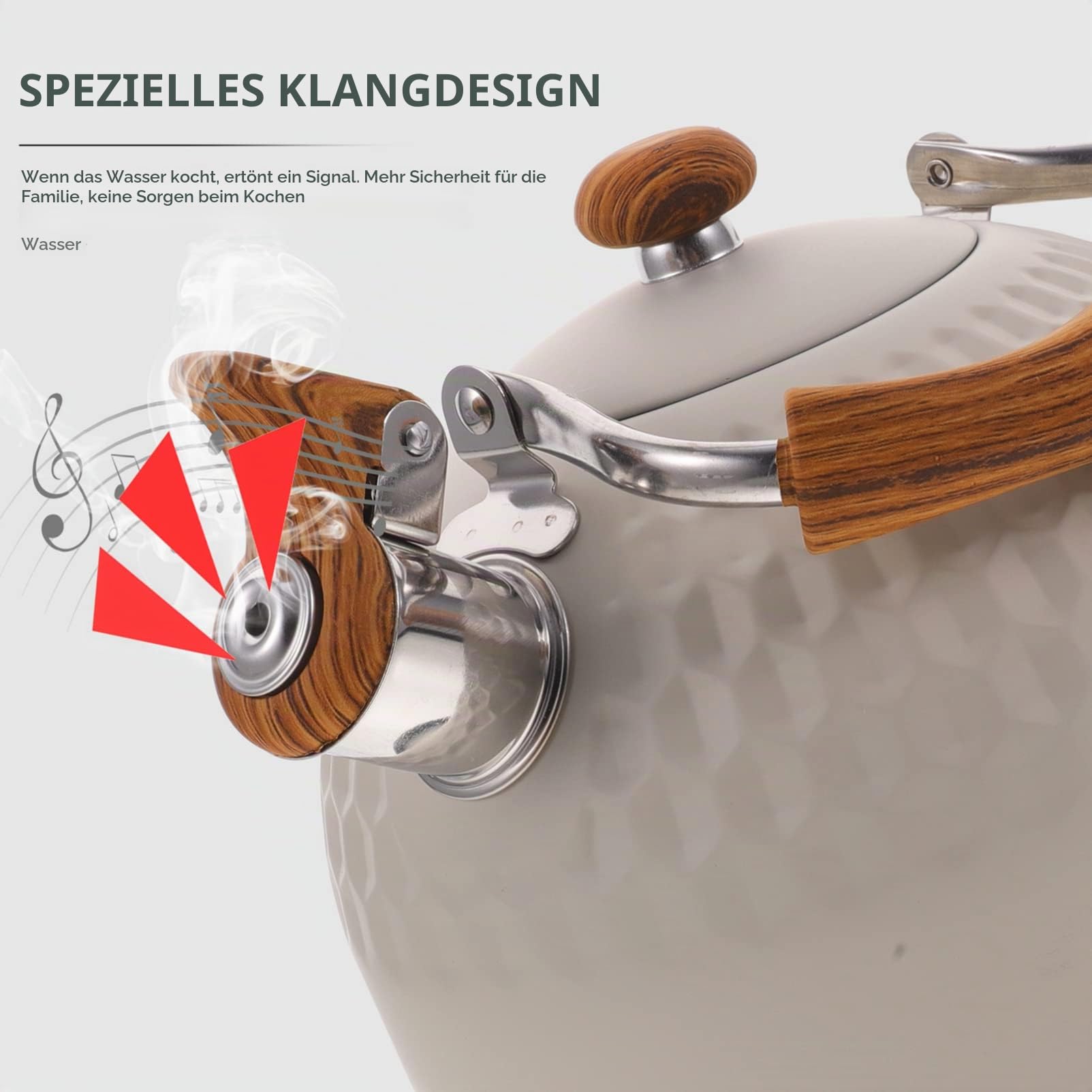 UPKOCH 2.5L Edelstahl Pfeifenkessel Wasserkessel Pfeifkessel Flötenkessel Teekessel Pfeife Wasserkocher mit Holz Pfeifton Griff Induktion Gasherd für Küche Camping Picknick Beige